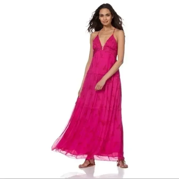 Ba&sh Masha Chiffon Printed Maxi Dress Pink Large - Picture 1 of 16